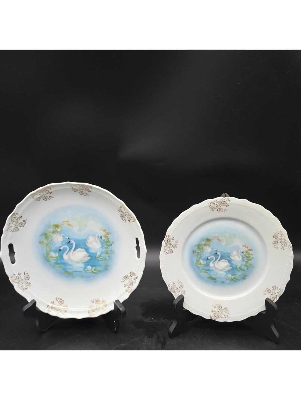 Antique Porcelain Swan Lake Plates Set (2) Hand Painted Gold Trim Unmarked